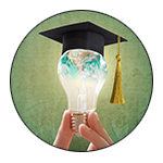 A lightbulb wearing a graduation cap