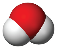 Model of a water molecule: one red sphere with two white spheres attached to it