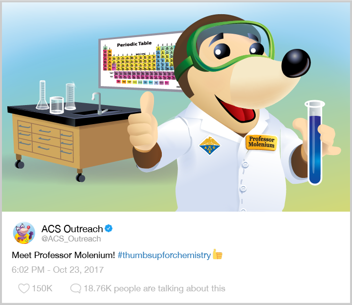 Mole wearing googles and holding a beaker in a lab