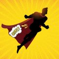 Graphic of superhero over yellow background