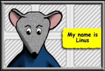 Linus the mouse in a blue shirt