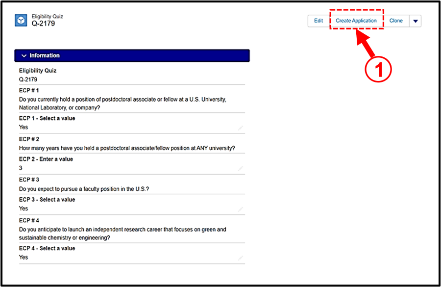 Figure 4. Sustainability Award Eligibility Quiz Form - Creating the Application