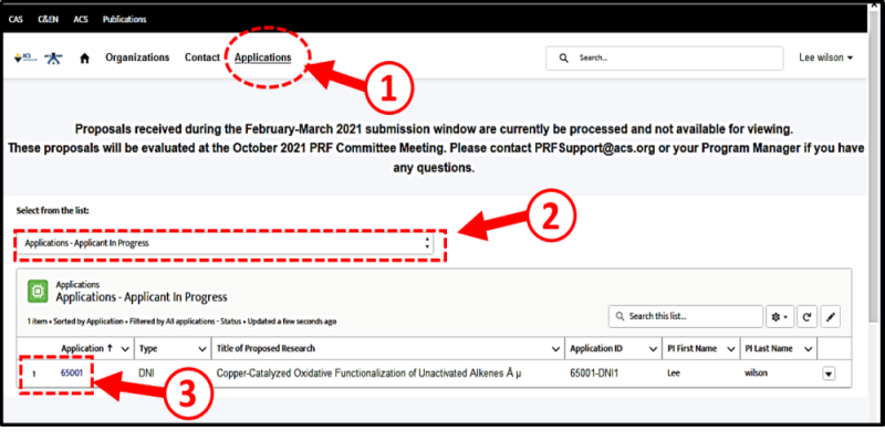 Figure 2. PRF Application Portal:  Applications List View