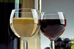 A glass white wine and a glass of red wine