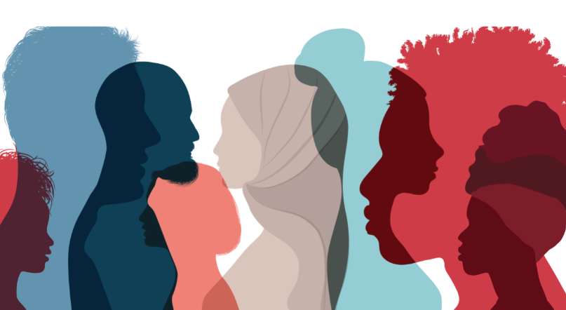 Silhouettes of students heads and profiles of people