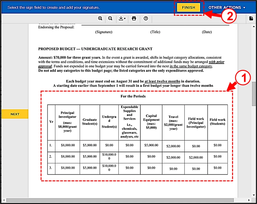 Figure 4. Budget Category Entry By Budget Period/Grant Year (DocuSign Signature Sheet)