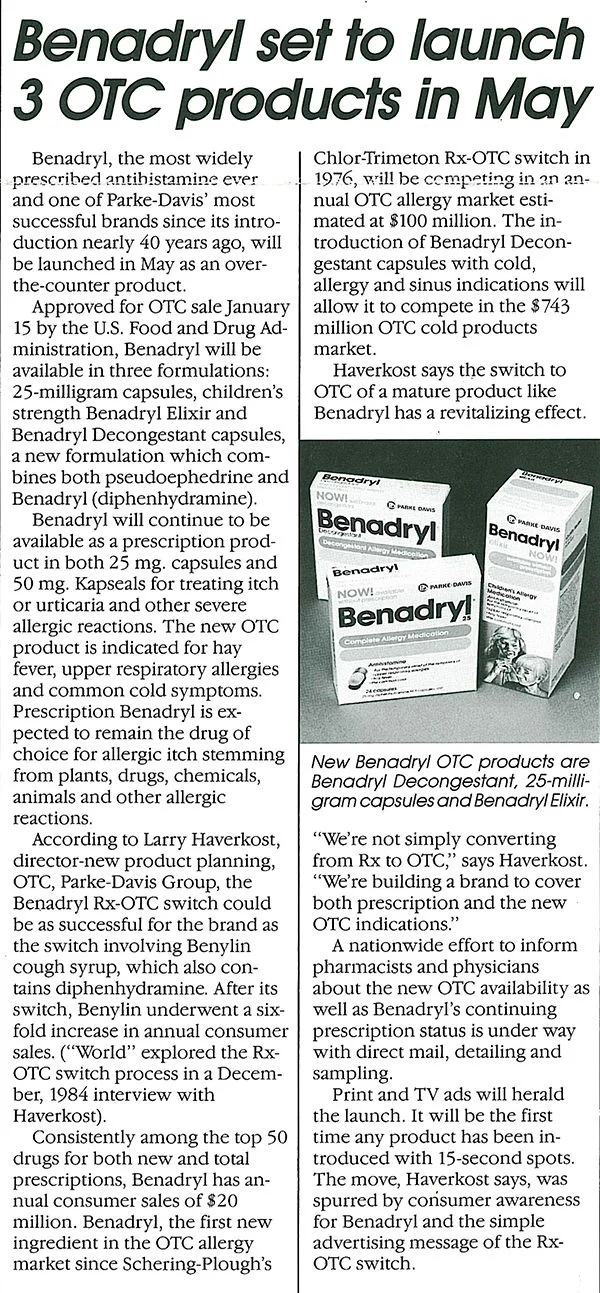 Newspaper clipping with headline: "Benadryl set to launch 3 OTC products in May"