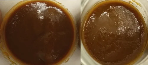 Two images of thick, dark-red liquids.