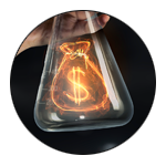 glowing money bag in a beaker