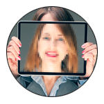 A woman holding an ipad in front of her face. 