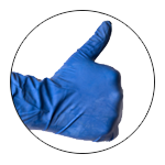 A hand giving the thumbs up with a blue glove