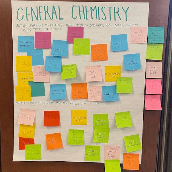 Large sticky note that contains participant suggestions for active learning techniques to use in general chemistry.