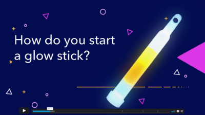 Text reads, "How do you start a glow stick?" with an illustration of a glowstick on a dark purple background