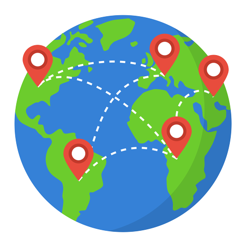 Illustration of a globe with red location markers scattered across various countries