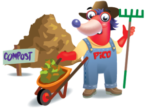 Pico the mole builds a compost pile using food waste, a wheelbarrow, and a rake