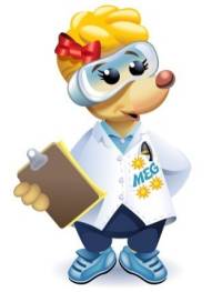 Meg A. Mole, a blonde mole, wears a lab coat and safety goggles, and carries a clipboard 
