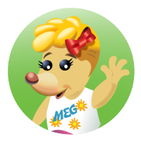 Meg, a anthropomorphic mole with blonde hair and a red bow, waves toward the viewer