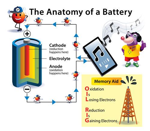 Diagram of the different parts of a battery: cathode, electrolyte, and anode.