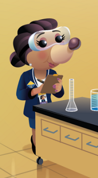 Dr. Erla Meyer, a mole with safety goggles and hair tied in a bun, wearing a dress suit
