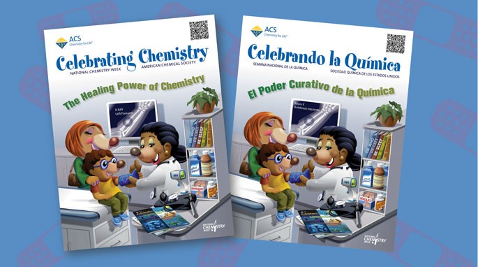 The cover of the kids' publication Celebrating Chemistry in English and Spanish on a dark blue background