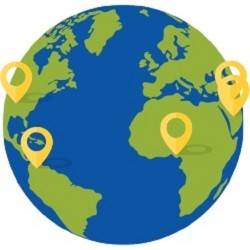 An illustration of a globe with yellow location markers scattered across various countries