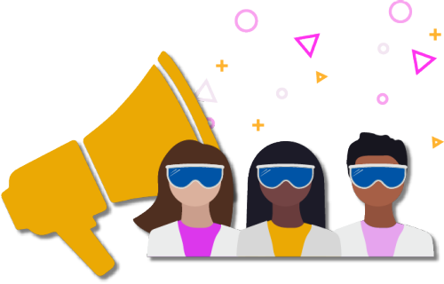 Chemistry Advocacy Day: illustration of three chemists wearing goggles and a megaphone