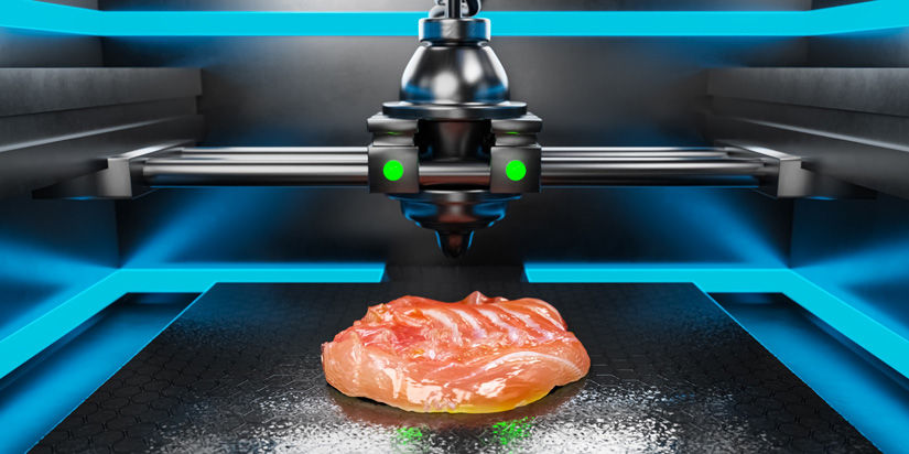 3D Rendering illustration of a cutting-edge food production method: 3D-printed fish flesh that's all set to be cooked.