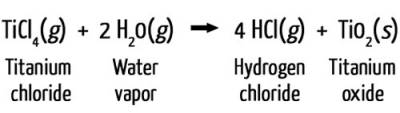 Titanium chloride reactions with water vapor to produce hydrogen chloride and titanium oxide