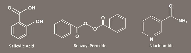 Molecular structures of salicylic acid, benzoyl peroxide, and niacinamide