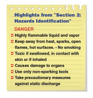 Highlights from "Section 2: Hazards Identification" DANGER: Highly flammable liquid and vapor; Keep away from heat, sparks, open flames, hot surfaces. - No smoking; Toxic if swallowed, in contact with skin or if inhaled; Causes damage to organs; Use only non-sparking tools; Take precautionary measures against static discharge