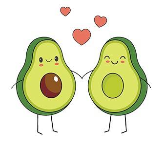 two halves of an avocado holding hands with love hearts between them