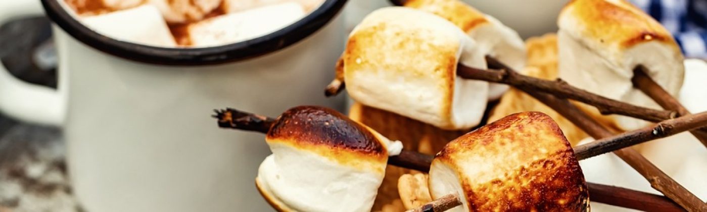 two cups of hot chocolate and skewers of roasted marshmallows