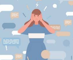 Sad young woman covers ears with hands to stop information noise vector flat illustration with speech bubbles. Fake news, advertising noise, disinformation, raising a panic concept.