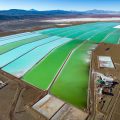 Aerial view of lithium fields or evaporation ponds in the highlands of northern Argentina, South America
