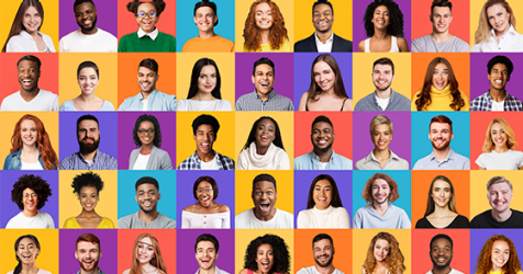 Collection of headshots of people in front of different colored backgrounds
