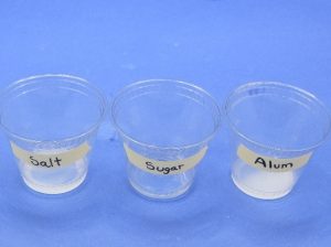 Remaining salt, sugar, and alum in cups after dissolving.