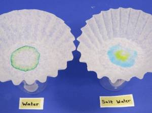 Water and salt water make green color spread and separate differently.