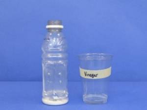 Baking soda in bottle and vinegar and detergent in cup.