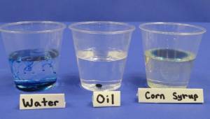 Food coloring in water, oil, and corn syrup.