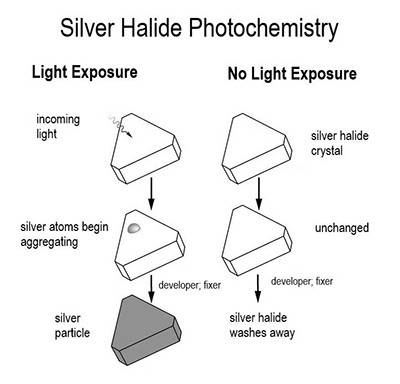 Scientific diagram depicting how, when exposed to light, silver halide crystals aggregate silver atoms. When there is no light exposure, the silver halide crystal remains unchanged.