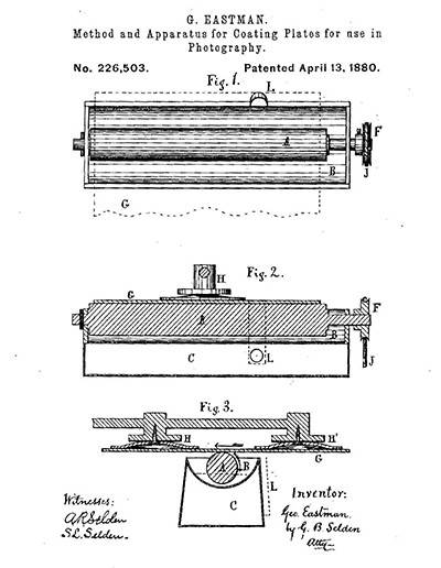 Schematic included in Eastman's patent. The apparatus sketch depicts a device used for coating plates in photography.