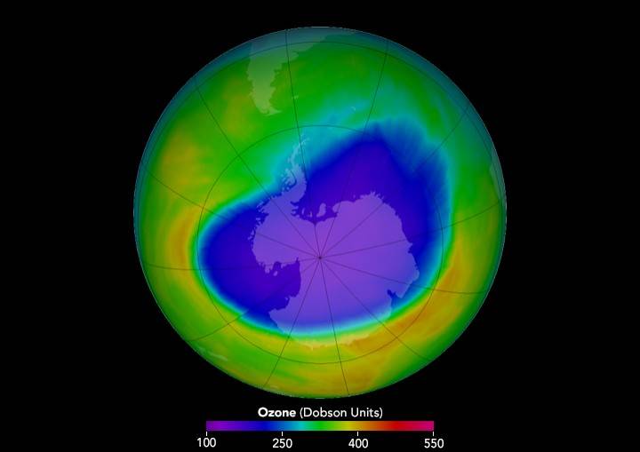 NASA began measuring Earth’s stratospheric ozone layer by satellite in 1979. By the time the Montreal Protocol went into effect in 1989, ozone concentrations (in Dobson units) had declined significantly over the Antarctic, enlarging the ozone hole. Ozone levels have since stabilized, but recovery is still decades away, according to NASA.