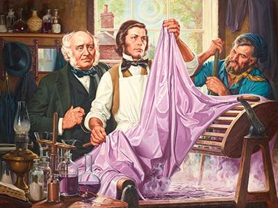 Painting of Perkin holding fabric dyed mauve, surrounded by two other people
