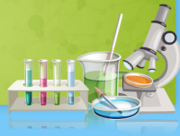 Chemistry set and microscope against a chartruese background
