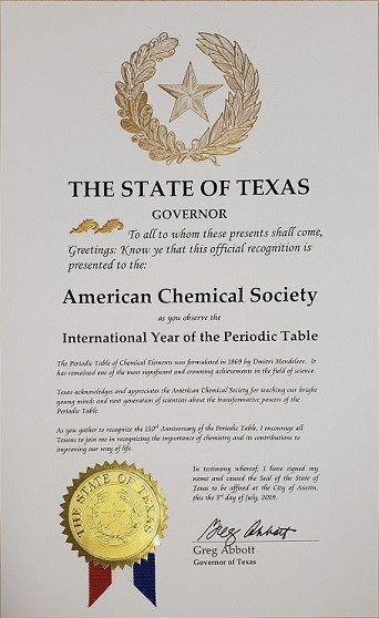 Texas Governor's Proclamation - Year of the Periodic Table