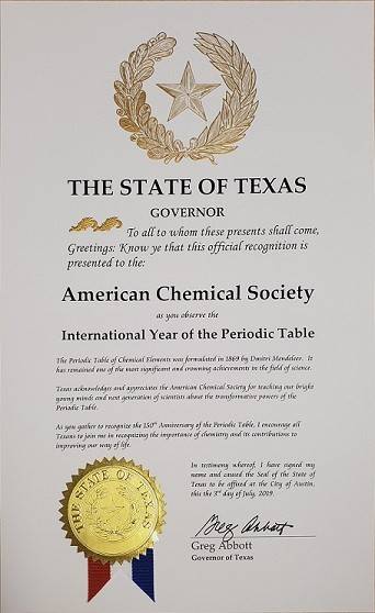 Texas Governor's Proclamation - Year of the Periodic Table