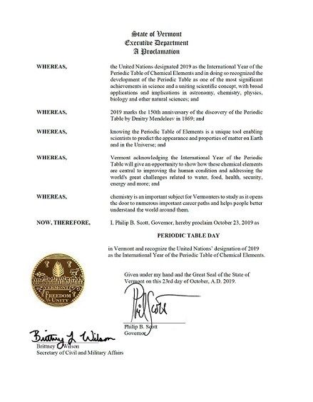 State of Vermont Governor's Proclamation - Year of the Periodic Table