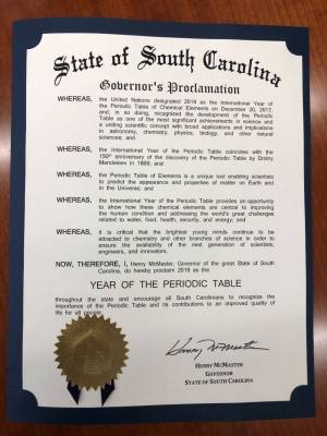 State of South Carolina Governor's Proclamation - Year of the Periodic Table