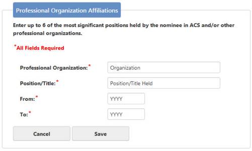 Screenshot of the Professional Organization Affiliations Menu From the ACS Fellows Online Nomination System