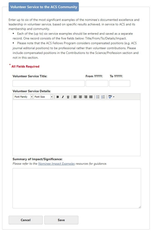 Screenshot of the Volunteer Service Menu from the ACS Fellows Online Nomination System
